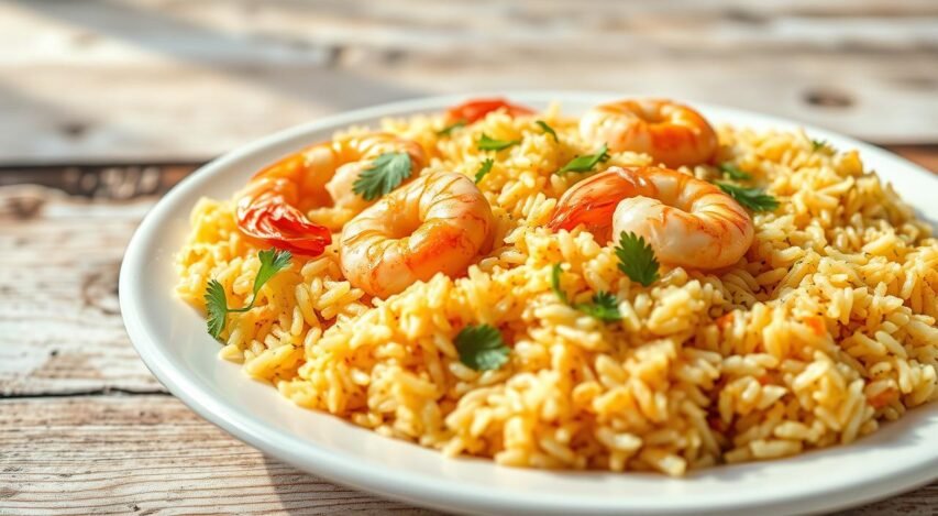 A close-up shot of a steaming plate of traditional Brazilian arroz com camarão (shrimp and rice), captured in natural daylight. The rice is fluffy and golden, contrasted by the vibrant orange-red shrimp nestled throughout. Aromatic herbs, such as cilantro, garnish the dish, adding a pop of fresh green color. The plate is set on a rustic wooden surface, with a simple white background to emphasize the appetizing culinary details. The lighting is soft and diffused, creating a warm, inviting atmosphere that highlights the dish's textures and flavors. A close-up shot of a steaming plate of traditional Brazilian arroz com camarão (shrimp and rice), captured in natural daylight. The rice is fluffy and golden, contrasted by the vibrant orange-red shrimp nestled throughout. Aromatic herbs, such as cilantro, garnish the dish, adding a pop of fresh green color. The plate is set on a rustic wooden surface, with a simple white background to emphasize the appetizing culinary details. The lighting is soft and diffused, creating a warm, inviting atmosphere that highlights the dish's textures and flavors.