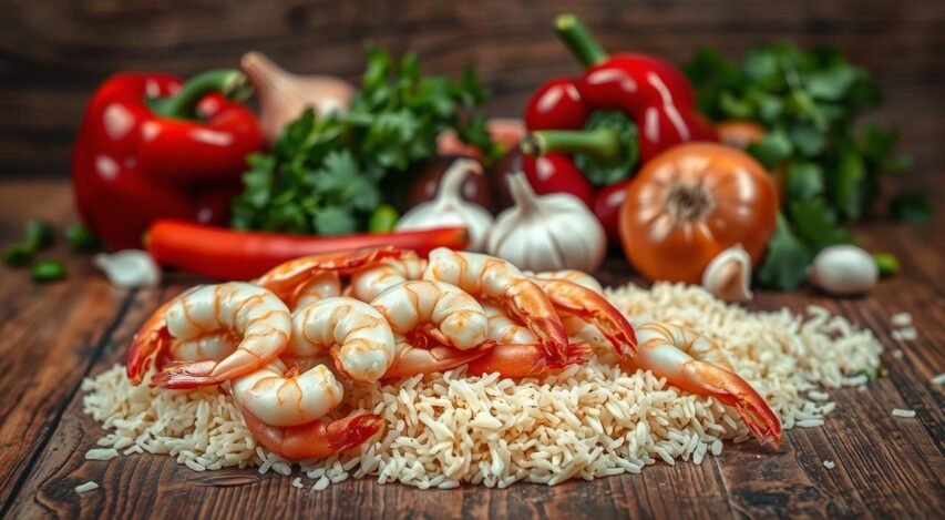 A neatly arranged still life on a rustic wooden table, capturing the essential ingredients for a delectable shrimp and rice dish. In the foreground, a pile of plump, juicy shrimp nestled alongside fragrant basmati rice grains. In the middle ground, vibrant red bell peppers, onions, and garlic cloves, their textures and colors complementing each other. In the background, a scattering of fresh herbs, such as cilantro and parsley, adding a touch of verdant freshness. The lighting is soft and natural, casting gentle shadows and highlighting the rich, earthy tones of the ingredients. The overall composition is balanced and visually appealing, inviting the viewer to imagine the delicious flavors that will result from combining these carefully selected components. A neatly arranged still life on a rustic wooden table, capturing the essential ingredients for a delectable shrimp and rice dish. In the foreground, a pile of plump, juicy shrimp nestled alongside fragrant basmati rice grains. In the middle ground, vibrant red bell peppers, onions, and garlic cloves, their textures and colors complementing each other. In the background, a scattering of fresh herbs, such as cilantro and parsley, adding a touch of verdant freshness. The lighting is soft and natural, casting gentle shadows and highlighting the rich, earthy tones of the ingredients. The overall composition is balanced and visually appealing, inviting the viewer to imagine the delicious flavors that will result from combining these carefully selected components.