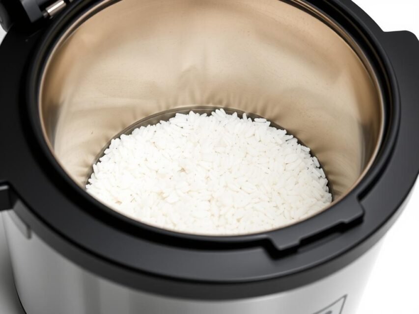 Panela de Arroz Electrolux aberta mostrando o recipiente antiaderente interno Panela de Arroz Electrolux aberta mostrando o recipiente antiaderente interno