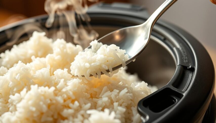 Panela de Arroz Electrolux com arroz perfeitamente cozido sendo servido Panela de Arroz Electrolux com arroz perfeitamente cozido sendo servido