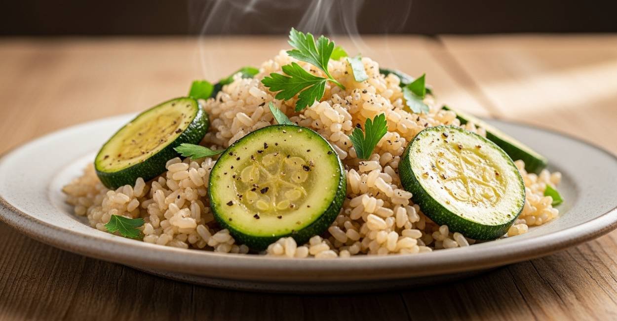 Arroz Integral com Abobrinha, Bife Vegetal e Toque de Limão: Delícia Saudável no Seu Prato 1 arroz com abobrinha