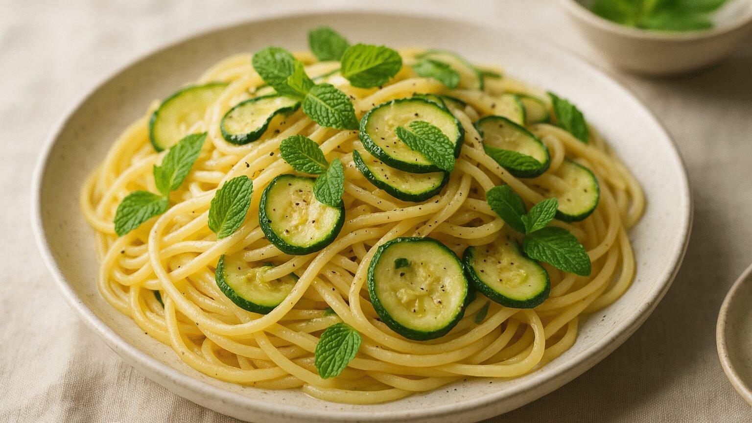 Spaghetti leve com abobrinha e hortelã em 20 minutos