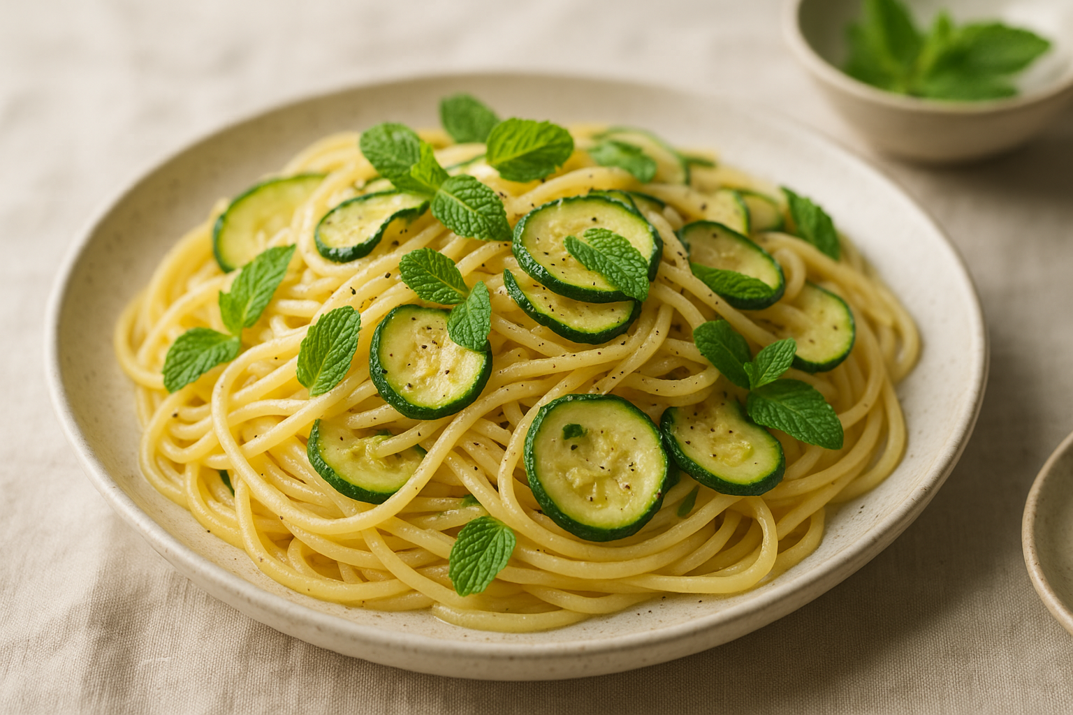 Spaghetti leve com abobrinha e hortelã em 20 minutos