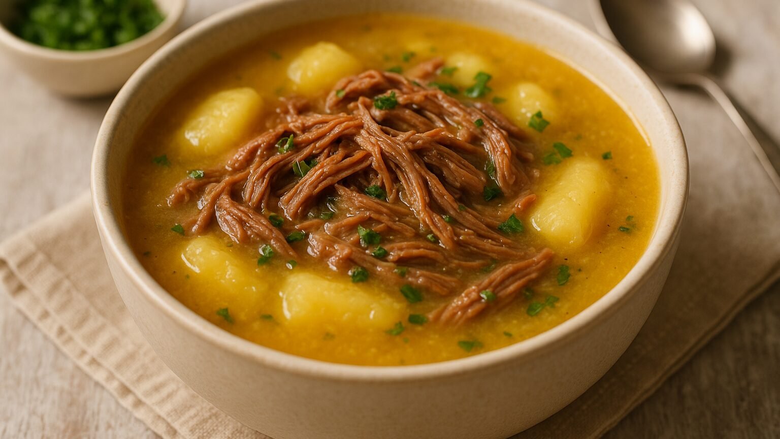 Deliciosa Sopa de Mandioca com Carne Desfiada